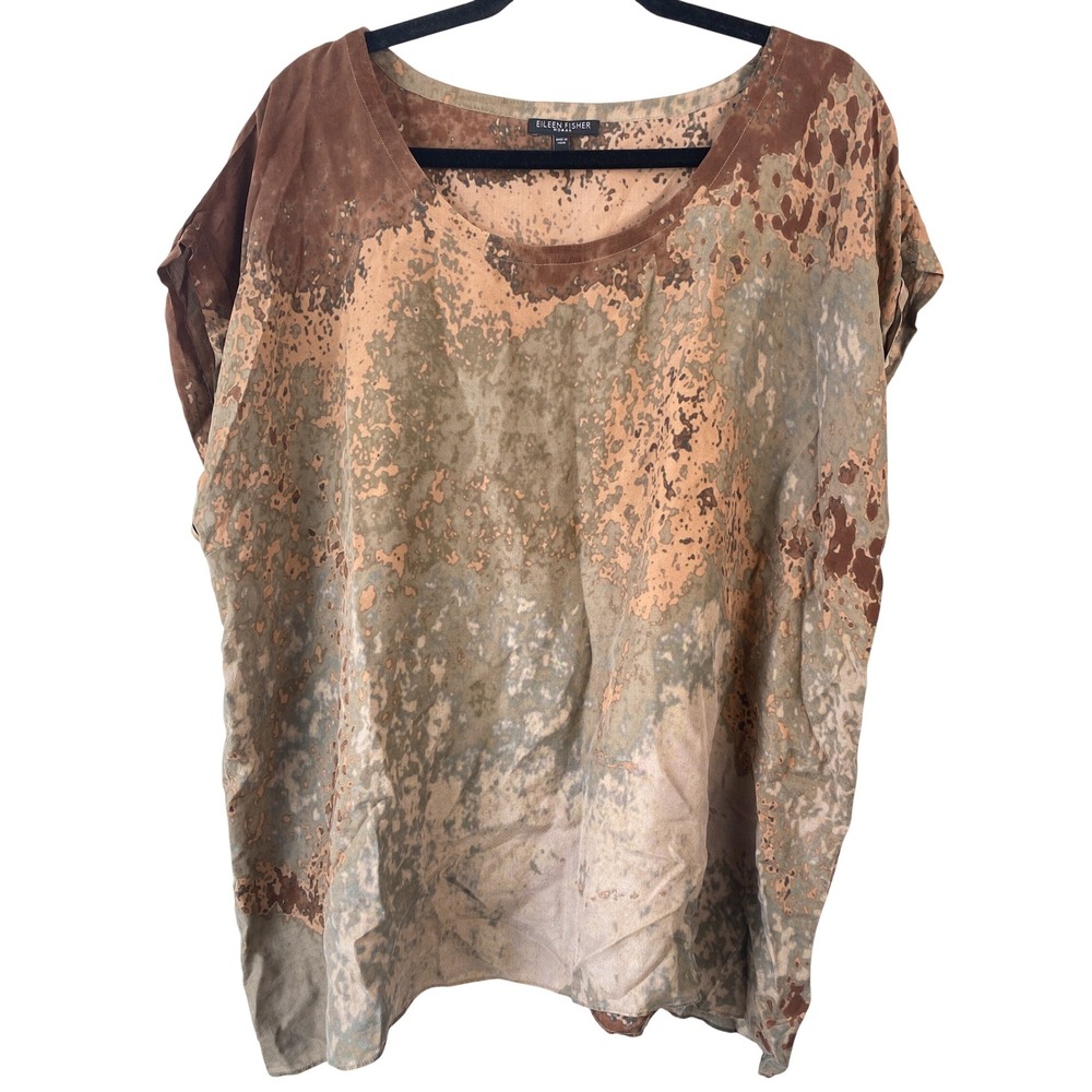 Eileen Fisher Womens 100% Silk Shirt 2X Brown Sea Spray Print Boxy Lagenlook Art